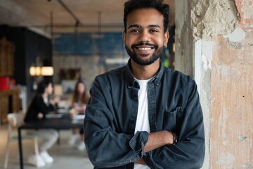 Portrait of mixed-race young man standing in office with colleagues meeting in background