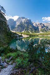 Lake Braies (Lago di Braies or Pragser Wildsee) and the Mountain peak of Croda del Becco or Seekofel, Dolomites, South Tyrol, Trentino-Alto Adige, Bolzano province, Italy, Europe.