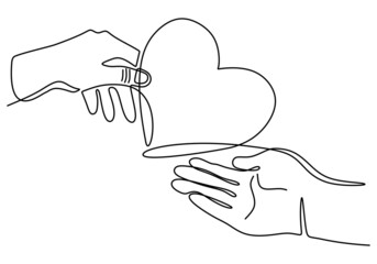 One line drawing of children giving love heart shaped to mother or father. Mom and dad loving care parenting concept. Family insurance sign symbol. Charity day one line. - obrazy, fototapety, plakaty