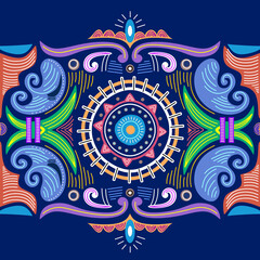 Abstract circular tribal ornament. Ethnic mandala. Stylized sun symbol. Rosette of geometric elements. Tribal ethnic motif. Round blue color background.