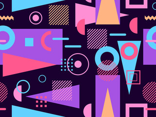 Memphis seamless pattern. Geometric elements memphis in the style of 80's. Composition of triangles, zigzags and circles. Background for brochures, banners and prints. Vector illustration