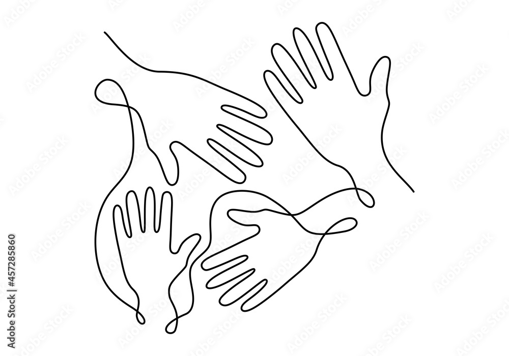 Poster continuous one line drawing of abstract opened four hands together. democracy day one line concept i