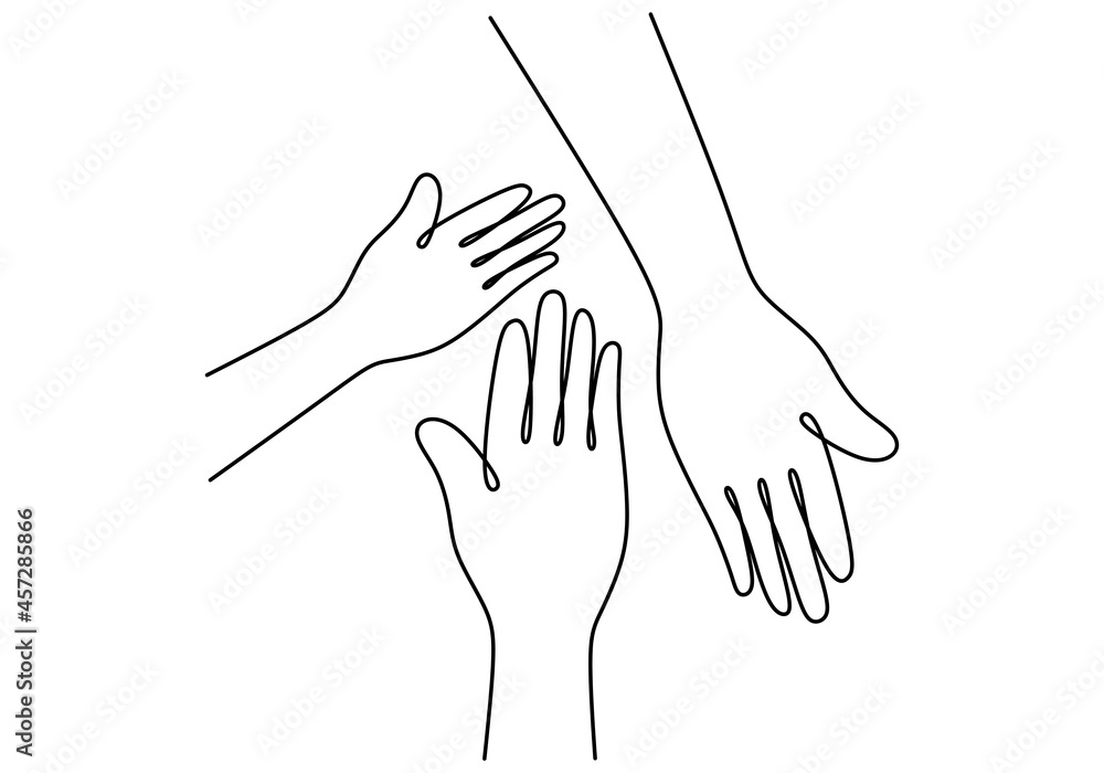 Poster continuous one line drawing of abstract opened three hands together. democracy day one line concept 