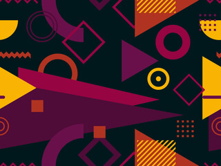 Memphis seamless pattern. Geometric elements memphis in the style of 80's. Composition of triangles, zigzags and circles. Background for brochures, banners and prints. Vector illustration