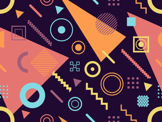 Memphis seamless pattern. Geometric elements memphis in the style of 80's. Composition of triangles, zigzags and circles. Background for brochures, banners and prints. Vector illustration