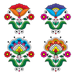 Swedish floral folk art vector colorful design set with flowers, leaves and swirls inspired by traditional Scandinavian embroidery patterns
