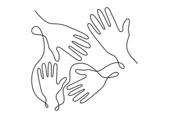 Afwasbaar Fotobehang Een lijn Continuous one line drawing of abstract opened four hands together. Democracy day one line concept isolated on white background.