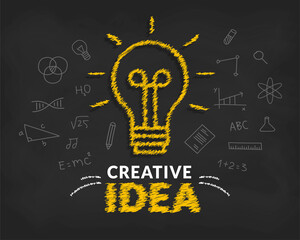 Creative ideas concept with doodle light bulb and typography lettering of idea background, inspiration, innovation, creativity