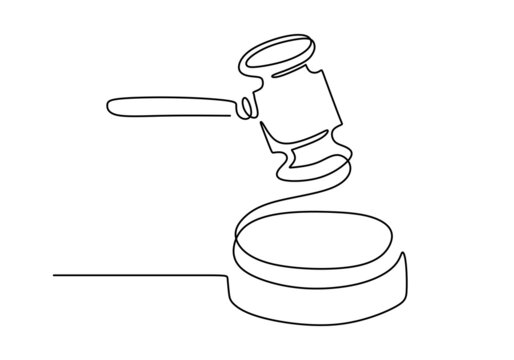 Continuous Line Drawing Of Hammer Judge On Black And White Background. Democracy Day One Line Concept. A Judge Hammer Is Drawn By A Single Line.