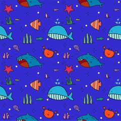 Cute sea life seamless pattern. Set of cute water animals.