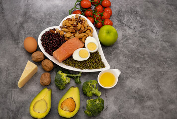 Healthy low carbs products and balanced healthy ingredients of unsaturated fats for the heart and blood vessels.-Ketogenic diet-flay lay