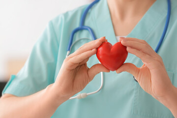 Female cardiologist holding heart on light background