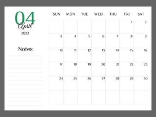 Calendar for April 2022 template planner minimalist. Colorful planner 2022 with calendar. Vector illustration. Blank white notebook page A4. Printable template. Week Starts on Sunday