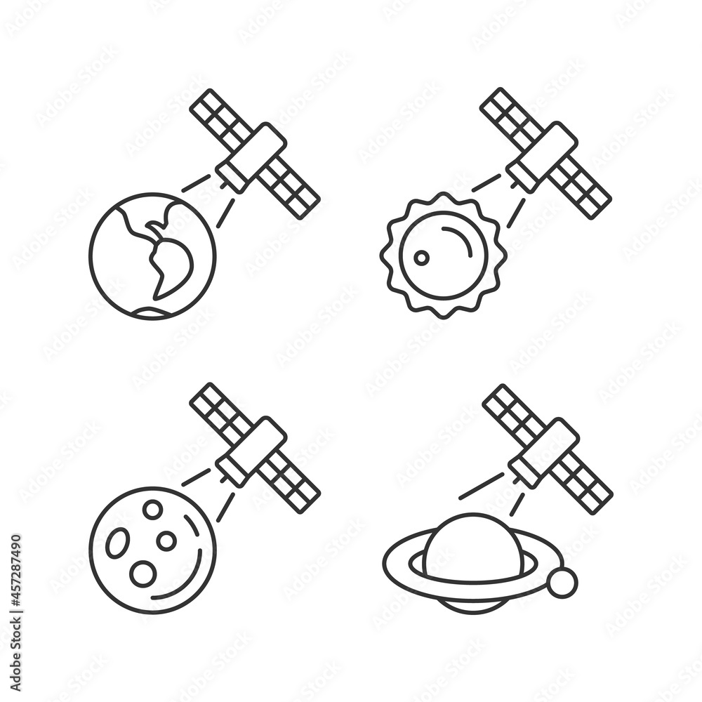 Poster celestial bodies observation linear icons set. heliophysics science investigations. planet explorati