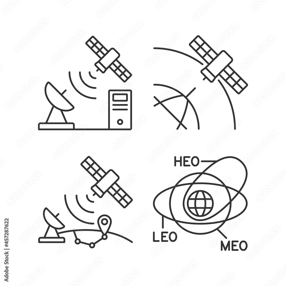 Poster satellite radionavigation linear icons set. transmission control protocol standarts. satellite orbit
