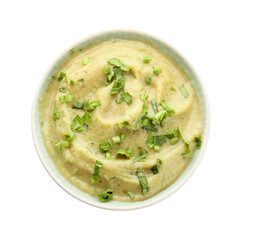 Bowl with tasty baba ghanoush on white background