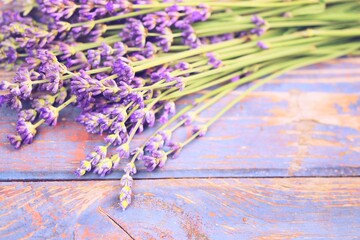 Lavender on wooden background, vintage rustic lavender image, space for text.