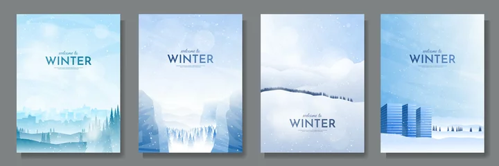 Rolgordijnen Vector illustratie. Vlak winterlandschap. Besneeuwde achtergronden. Sneeuwbanken. Sneeuwval. Heldere blauwe lucht. Sneeuwstorm. Koud weer. Ontwerpelementen voor poster, boekomslag, brochure, tijdschrift, flyer, boekje © VVadi4ka