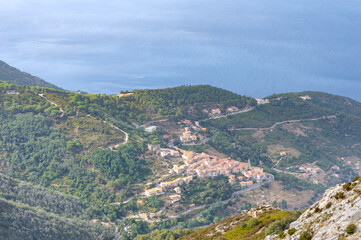 Landscape aerial view of Isola d'Elba seen from the top of Monte Capanne the highest peak in the...