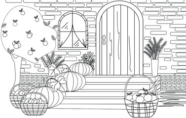 Coloring book for the Thanksgiving holiday. Vector black and white illustration with pumpkins, collected fruits in baskets in the courtyard of a rural house