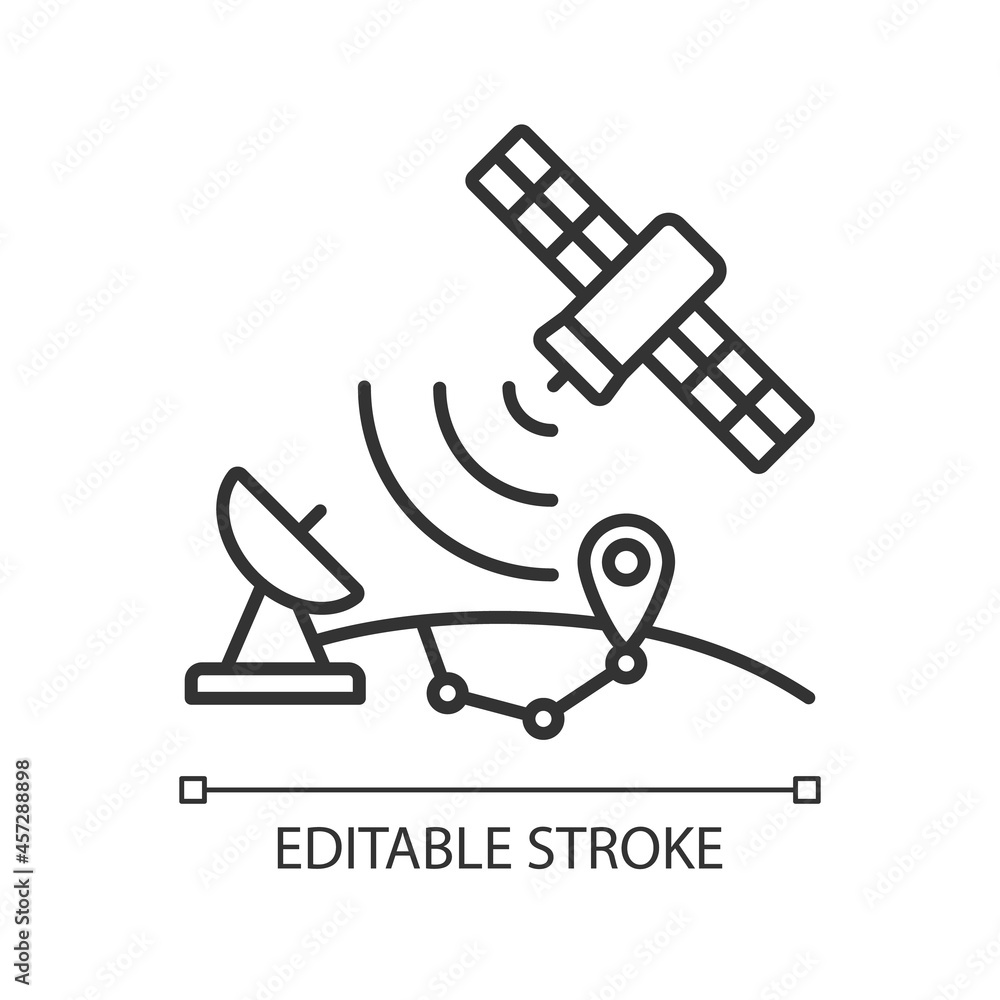 Poster global positioning system linear icon. satellite-based radionavigation system. thin line customizabl