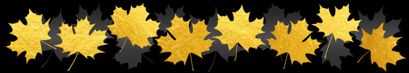 Gold vector texture autumn maple leaf. Set of vector template for design. Gold autumn. Black background. Sticker, flyer. Gold paint. Luxury backdrop. Empty blank for text.