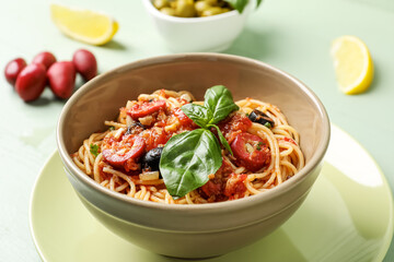 Bowl with tasty Pasta Puttanesca on table