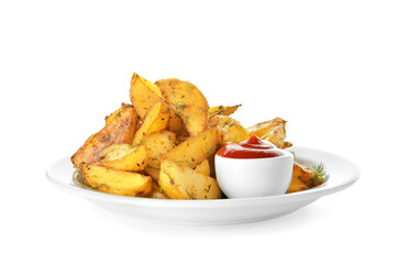 Plate with tasty baked potato and tomato sauce on white background