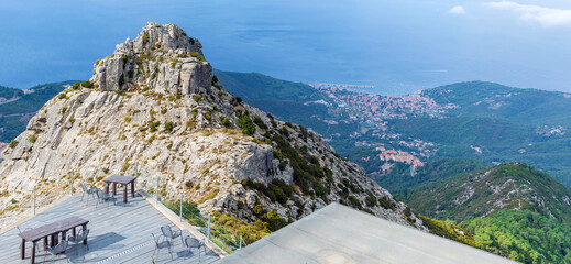 Landscape aerial view of Isola d'Elba seen from the top of Monte Capanne the highest peak in the...