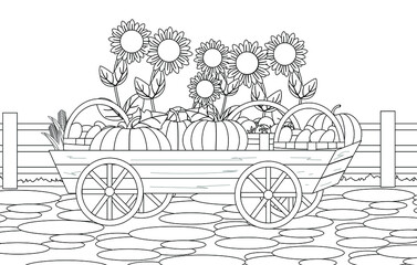 Coloring book with a harvest of pumpkins, corn, tomatoes in a cart and sunflowers. Thanksgiving day. Vector illustration.