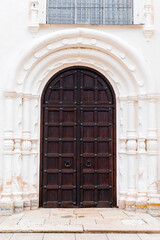 An old brown wooden door with an ornament