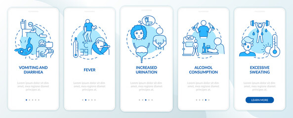 Fototapeta na wymiar Dehydration causes blue onboarding mobile app page screen. Loss of water factors walkthrough 5 steps graphic instructions with concepts. UI, UX, GUI vector template with linear color illustrations