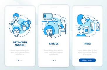 Dehydration symptoms blue onboarding mobile app page screen. Signs of fluid loss walkthrough 3 steps graphic instructions with concepts. UI, UX, GUI vector template with linear color illustrations