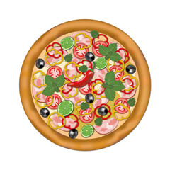 Fresh pizza with tomatoes, olives, ham, pepper, lime, basil