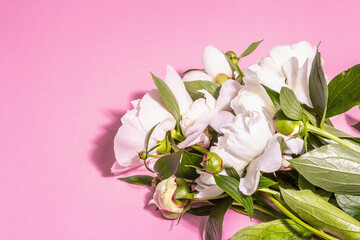 Bouquet of fresh white peonies on white old planks background