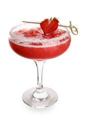 Glass of tasty strawberry margarita on white background