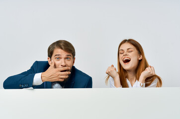 business man and woman billboard marketing fun emotions isolated background
