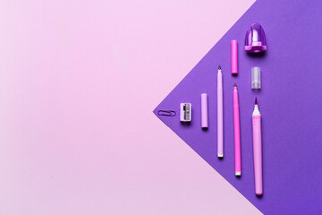 Stationery supplies on color background
