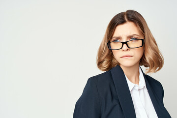 Business woman in black jacket documents work isolated background