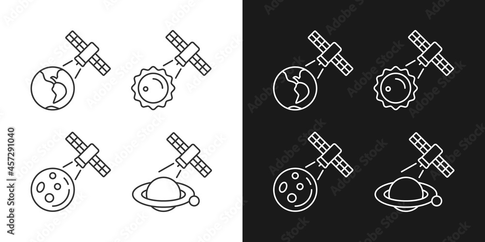 Poster celestial bodies observation linear icons set for dark and light mode. heliophysics science investig