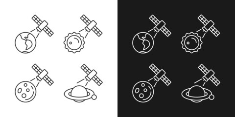 Celestial bodies observation linear icons set for dark and light mode. Heliophysics science investigations. Customizable thin line symbols. Isolated vector outline illustrations. Editable stroke