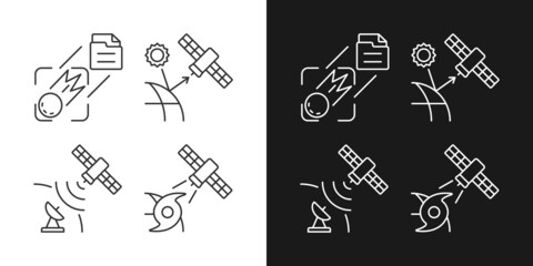 Climate monitoring satellites linear icons set for dark and light mode. Meteorological Earth observation system. Customizable thin line symbols. Isolated vector outline illustrations. Editable stroke