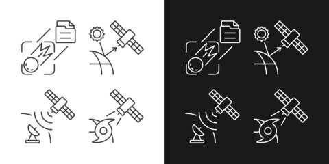 Climate monitoring satellites linear icons set for dark and light mode. Meteorological Earth observation system. Customizable thin line symbols. Isolated vector outline illustrations. Editable stroke