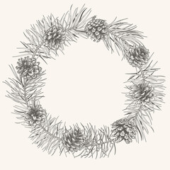Winter wreath with pine branches and cones. Vector illustration. Christmas background. Engraving style. Black and White.
