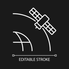 Geostationary Satellite white linear icon for dark theme. Rotation of celestial bodies. Thin line customizable illustration. Isolated vector contour symbol for night mode. Editable stroke