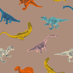 Set cartoon dinosaurus on seamless pattern isolated on brown background. Vector