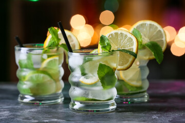 Glasses of cold mojito on table against blurred lights