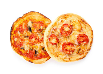 Tasty mini pizzas on white background