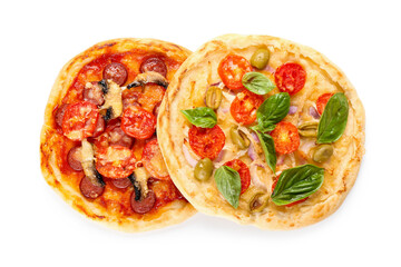 Tasty mini pizzas on white background