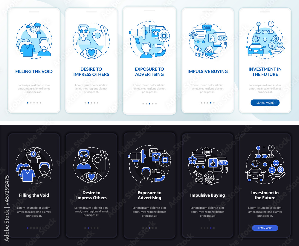 Poster reasons for consumerism dark, light onboarding mobile app page screen. walkthrough 5 steps graphic i